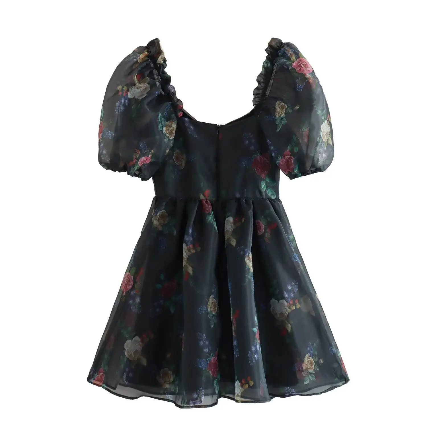 2023 Princess Girl Black Flower Print Organza Ball Gown Dress Retro Women Wood ears Puff Sleeve Swing Short Fairy Cake Robe