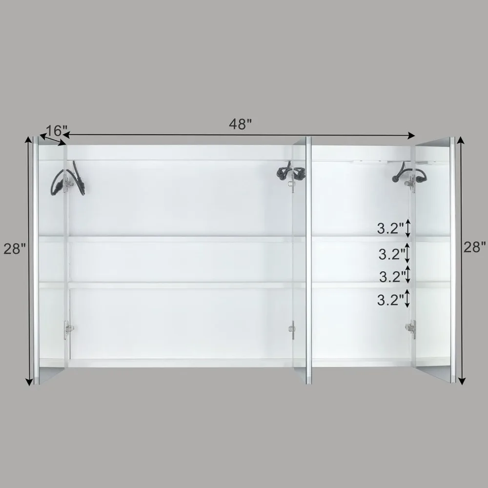 Armadietto dei medicinali da bagno a parete illuminato a 3 ante 48x28 LED con spazio di archiviazione a 3 livelli