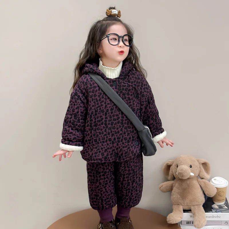 

Girls Suits Autumn Winter Plus Fleece Hoodie Fashion Children Thick Leg Pants Leopard Print Two-piece Set European Fashion Style