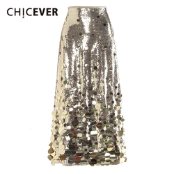 CHICEVER Fashion Chic Long Skirts Large Sizes for Women High Wiast Slimming Patchwork Sequined A Line Skirt Female Clothing New