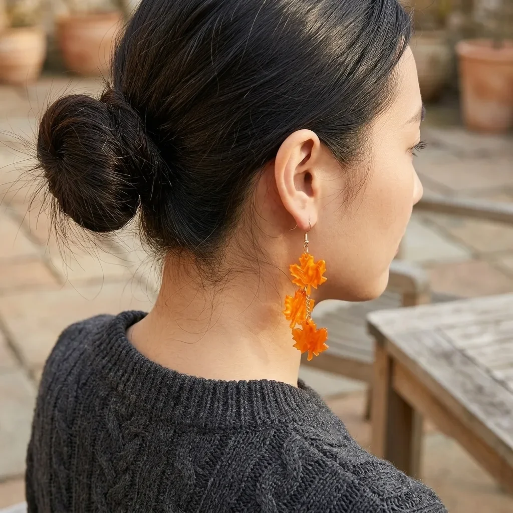 Vintage Marble Texture Orange Gradient Maple Leaf Long Tassel Earrings Hook Style Autumn Thanksgiving Office Daily Wear Ear Jewelry Gift For Her