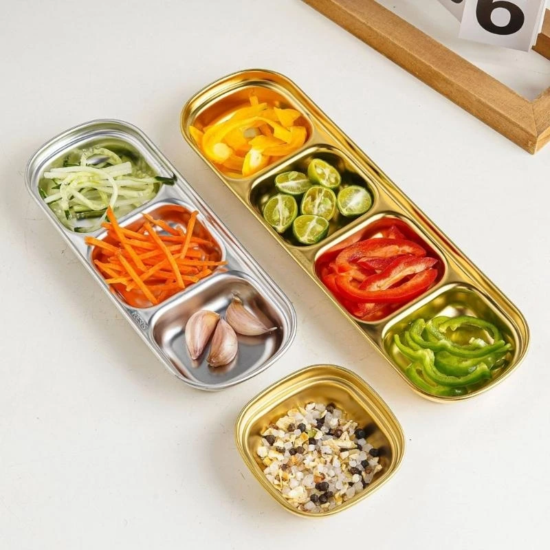 

3 4 Compartment Divided Seasoning Sauce Dip Bowl Stainless Steels Sauce Dish Condiment Tray for Home Restaurant JOMD
