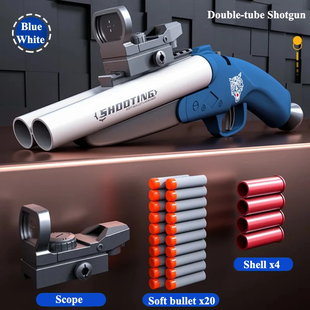 ปืนของเล่นแบบสองลำกล้อง ยิงโฟม ปืนไรเฟิลของเล่นสำหรับเด็ก เล่นเกมยิงปืนกลางแจ้ง พร้อมศูนย์เล็ง ลูกดอกนิ่ม 20 ชิ้น
