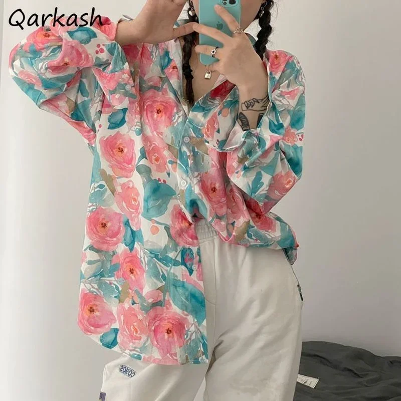 Shirts Women Pink Floral Lovely Retro Romantic Chic Casual Femme French Style Streetwear Fashion Simple Charming Mujer New Cozy