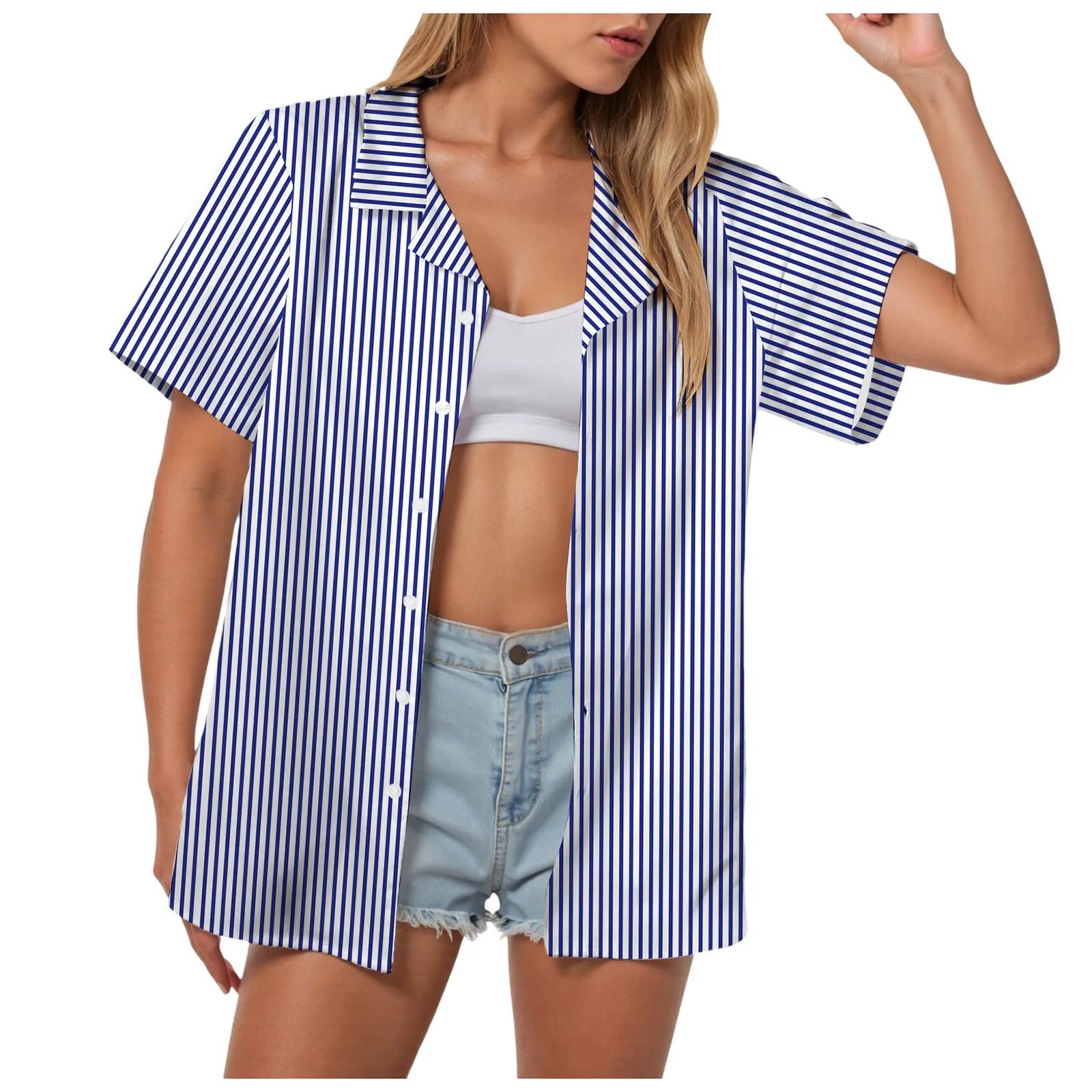

Women Striped Print Shirt Summer Solid Short Sleeve V Neck Button Tops Casual Lapel Single Breasted Chic Blouse Streetwear 2025