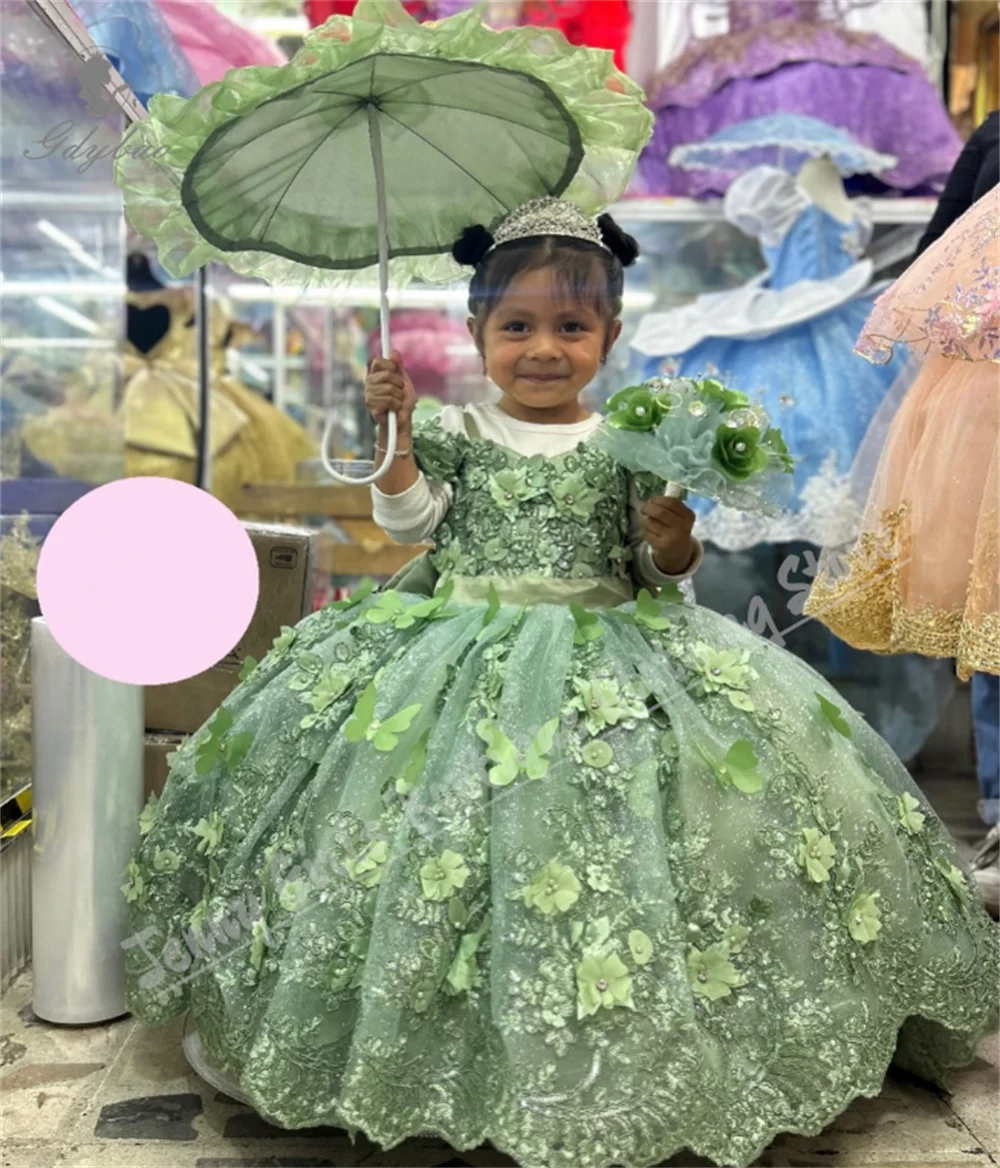 Sage Green Flower Girl Dress Pearl Appliqué Princess Design For Birthday Wedding Events Photo Sessions Cute Fluffy Dress