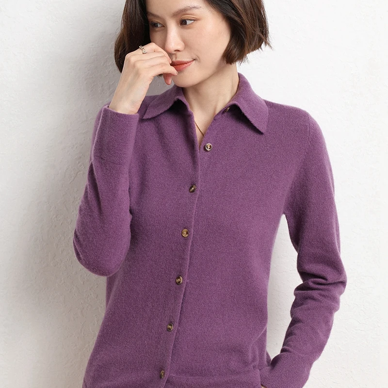 Otoño Invierno mujer suéter de mezcla de lana cuello Polo cárdigan a medida nueva moda Casual de punto chaqueta suave suelta parte superior inferior
