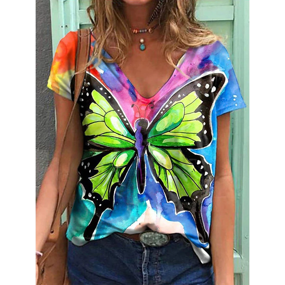 Women\'s T-shirts Fashion Tops V-neck Colorful Butterfly T Shirt Female Short Flowers Print Casual Tees Summer Oversized Clothes