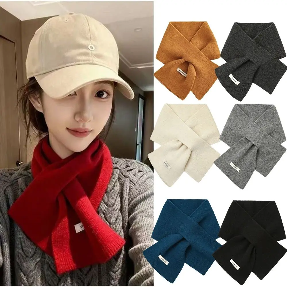 

Сплошной цвет, теплый утолщенный минималистичный шерстяной вязаный шарф с перекрестной шеей, ветрозащитный, защита от холода, женский зимний шейный платок, осень