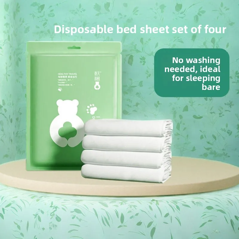 Spring Bear Disposable Bed Sheet Cover Pillowcase Sleeping Bag Travel Set Double Four-Piece Set for Homestay Hotel Supplies