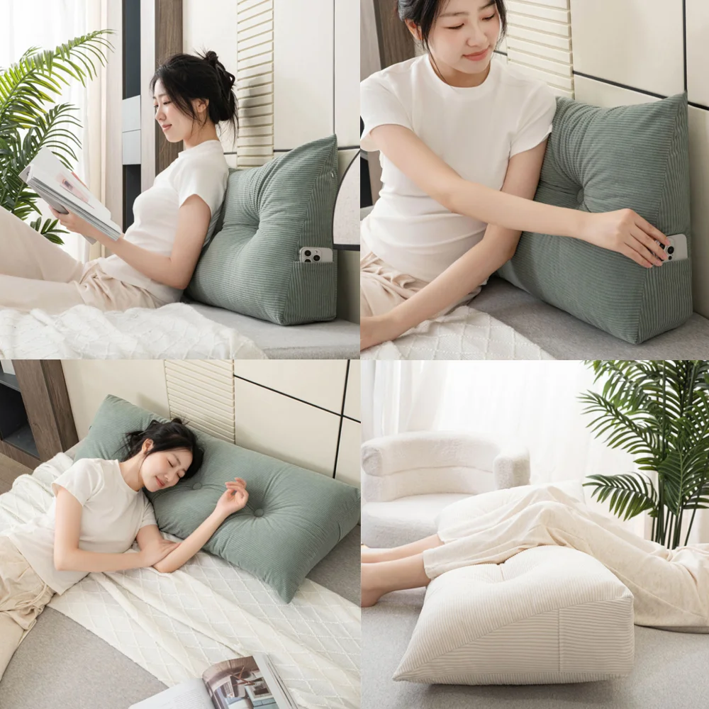 

Triangular Wedge Headboard Pillow with Side Pockets Positioning Support Reading Bolster Pillow Back Support Long Pillow for Bed