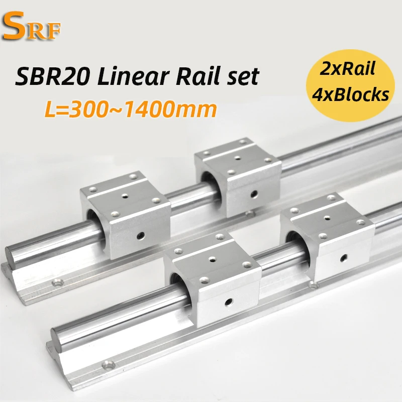 2pcs 20mm Diameter  SBR20 Length 300~1400mm Linear Motion Guide  Rail  + 4pcs SBR20UU Blocks Bearing Smooth Motion for CNC Parts