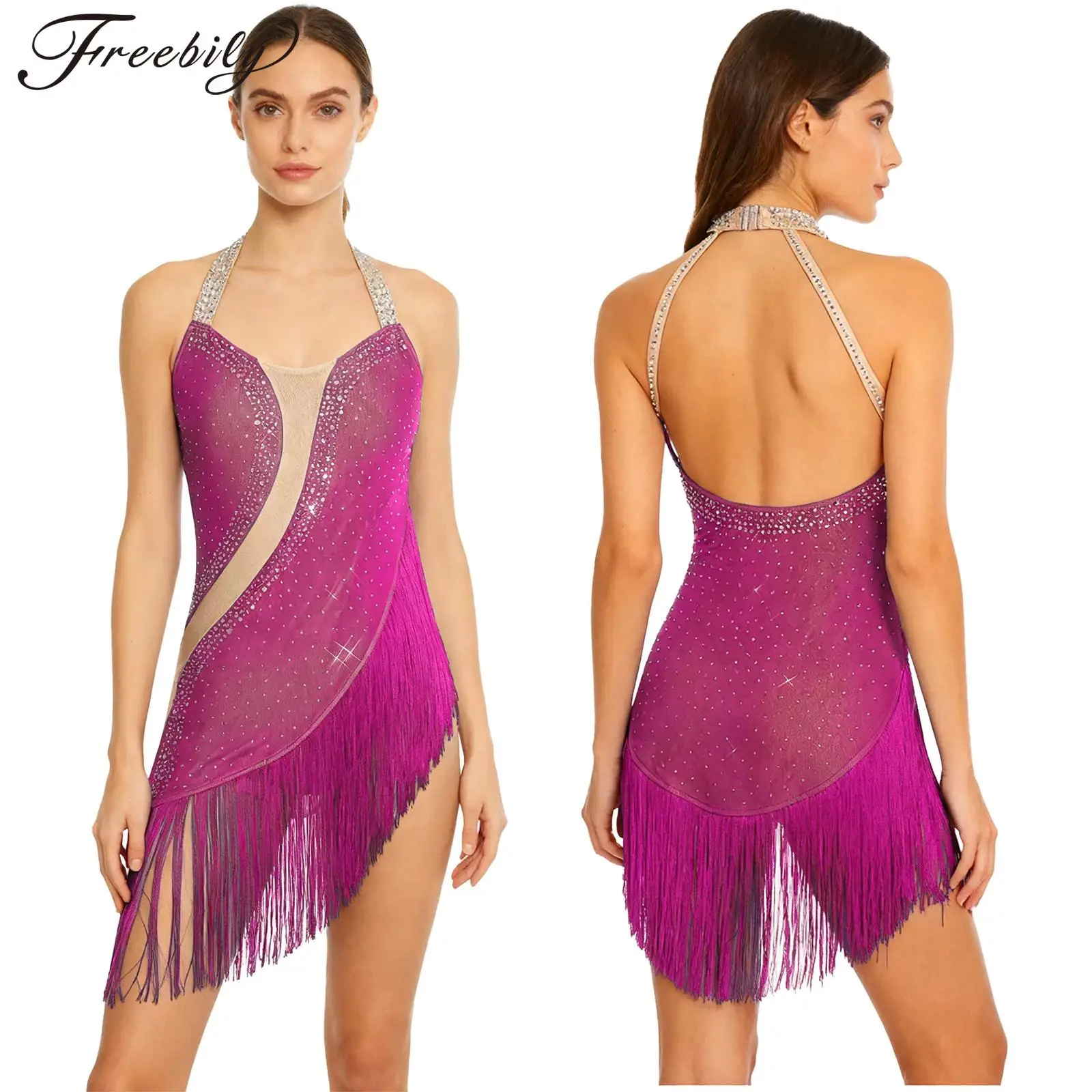 المرأة اللاتينية الرقص التانغو تشا تشا قاعة الرقص السامبا رومبا يوتار فستان الرسن لامعة حجر الراين بقماش شفاف شرابات ارتداءها Dancewear