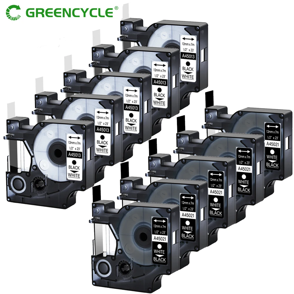 Greencycle 5PK 9/12/19mm Label Tape 45010 45021 45013 Compatible for Dymo D1 Tapes for Dymo Label Machine 450 350 250 100