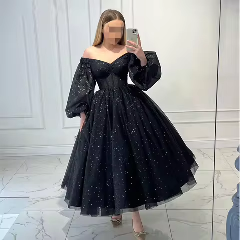 A-Line Black Glitter Prom Gown Off Shoulder Tulle Evening Party Dresses Tea Length Prom Dress Customized Large Size Events Dress