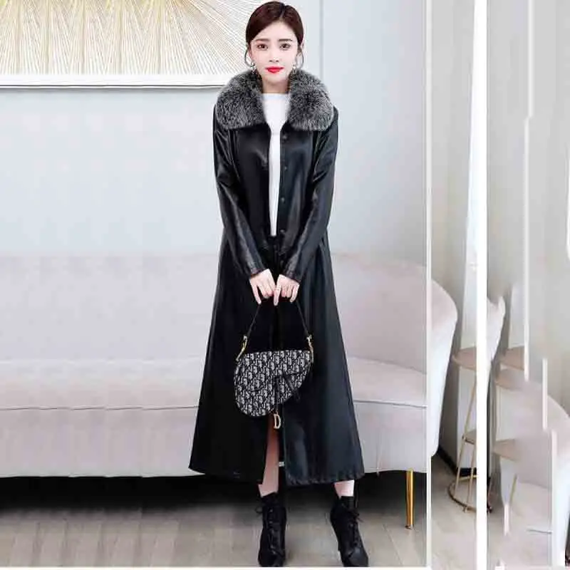 Haining Autumn Winter New Real Fox Fur Collar Fur Women Inside Cotton Leather Trench Sheep Skin Temperament