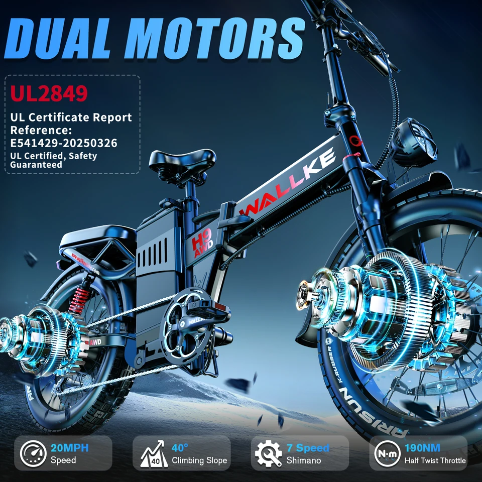 W Wallke H9 AWD Dual Motor Electric Bike for Adults, 48V 40Ah Long Range Ebike, Fast E-Bike, 20"x4" Fat Tire Electric Bicycle, UL2849 image 4