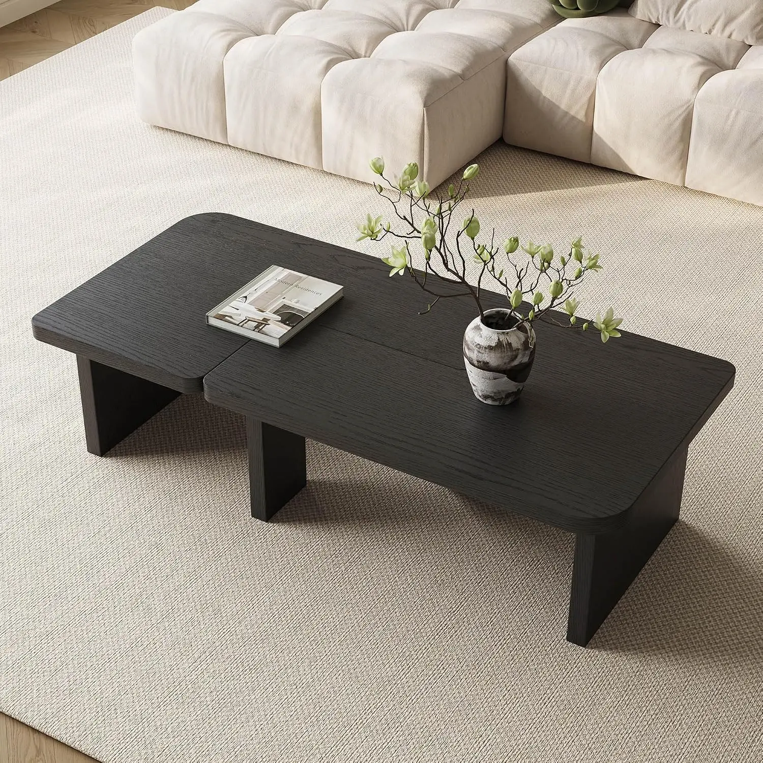 Modern Black Coffee Table L-Shape Nesting Set Of 2 For Living Room, Customized
