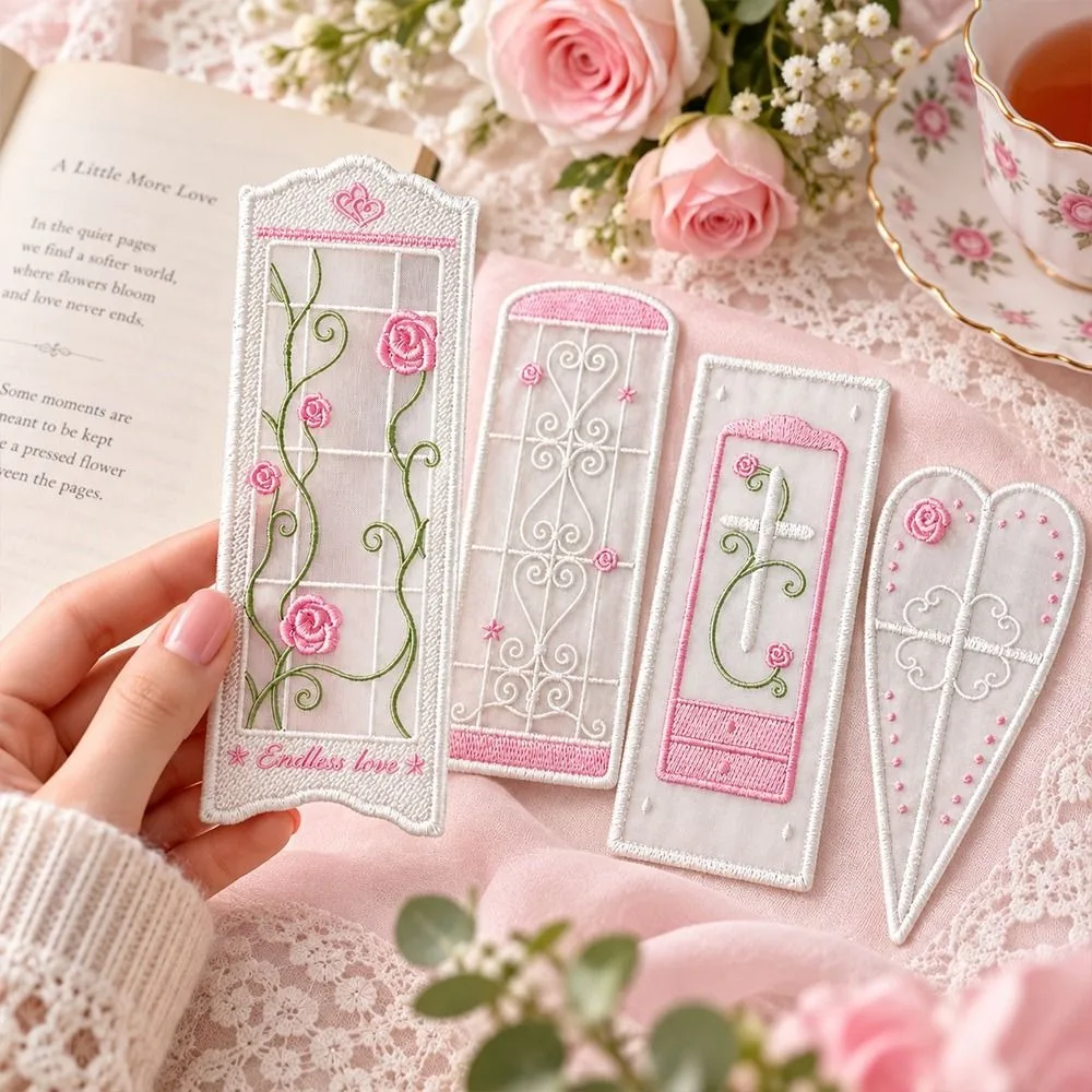 Organza Rose Embroidered Bookmark Rose Pattern Vine Window Style Reading Marker Heart and Cross Styles Embroidered Detail