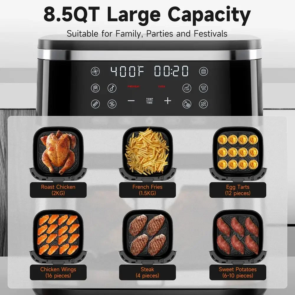 مقلاة هوائية XL من الفولاذ المقاوم للصدأ 8.5QT شاشة رقمية تعمل باللمس 10 وظائف بلمسة واحدة طبخ صحي تحكم دقيق في درجة الحرارة سهل التنظيف