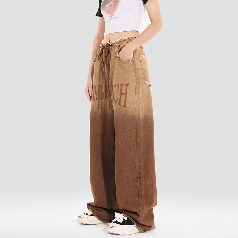 Brown Jeans Women Y2k Letter Print Retro  Wide-leg Pants Design Loose Straight Denim Trousers Fashion American Style Streetwear