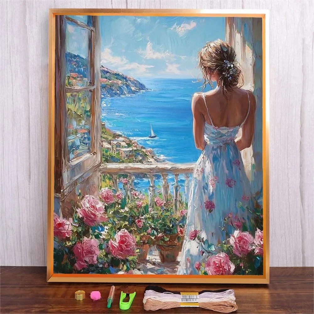 

Cross Stitch Suit Seascape Women Pattern Embroidery Sets Floral Needlework 11CT Picture Printed Canvas For Bedroom Home Decor
