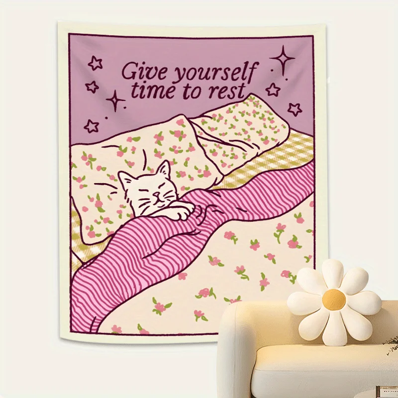 Pink Cat Tapestry Wall Hanging Fabric with Floral & Star Design, Horizontal 