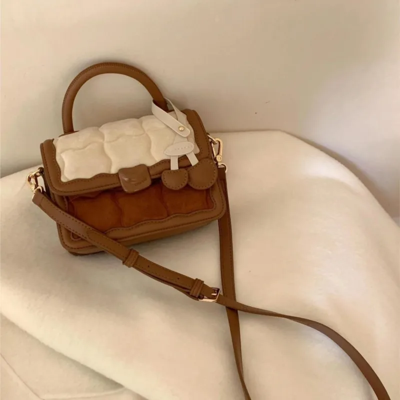 Sweet Cute Color Block Handbag Women Brushed Plaid Shoulder Bag Ladies Large Capacity Retro Simple Commuter Crossbody Bags 2025
