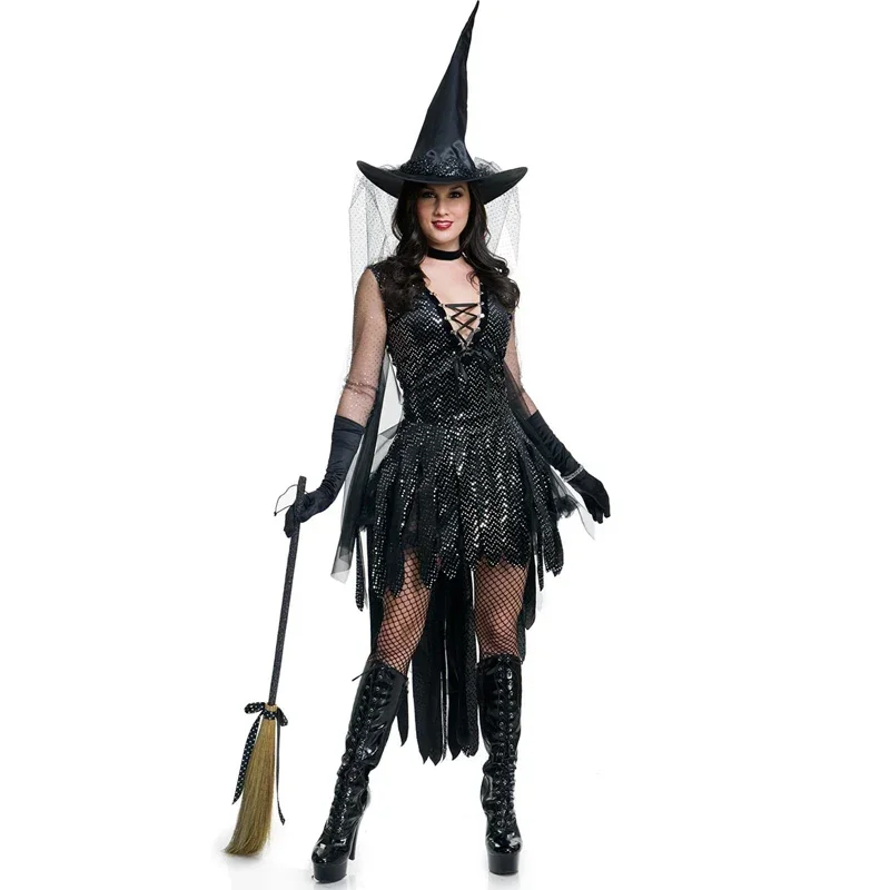

Sexy Black Sequins Witch Halloween Cosplay Costume For Women Carnival Adult Witch Costume
