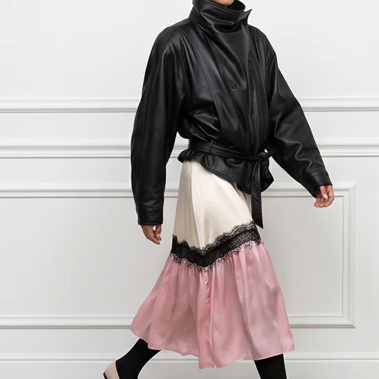 Solid Belted Wrap Collar Faux Leather Jacket Grunge High Neck Long Sleeve Loose Outerwear 2026 Autumn New Street Office Outfit