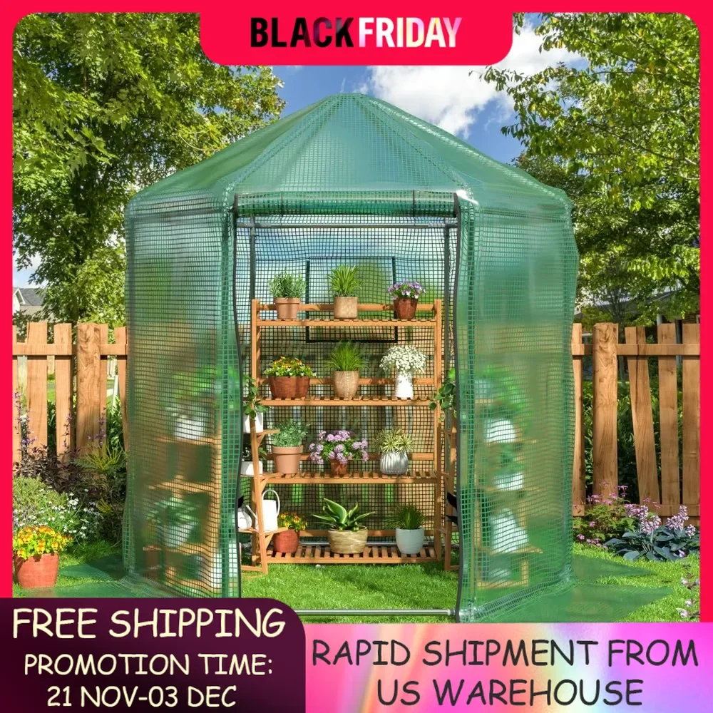 Walk-in Greenhouse, Heavy-Duty Metal Frame Greenhouse, 180g Double Layer PE Cover, Green House Kit for Garden/Backyard/Balcony