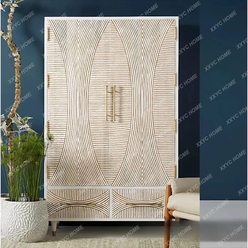 XXBohemian white wardrobe double door solid wood relief large wardrobe simple bedroom furniture design simple cabinet