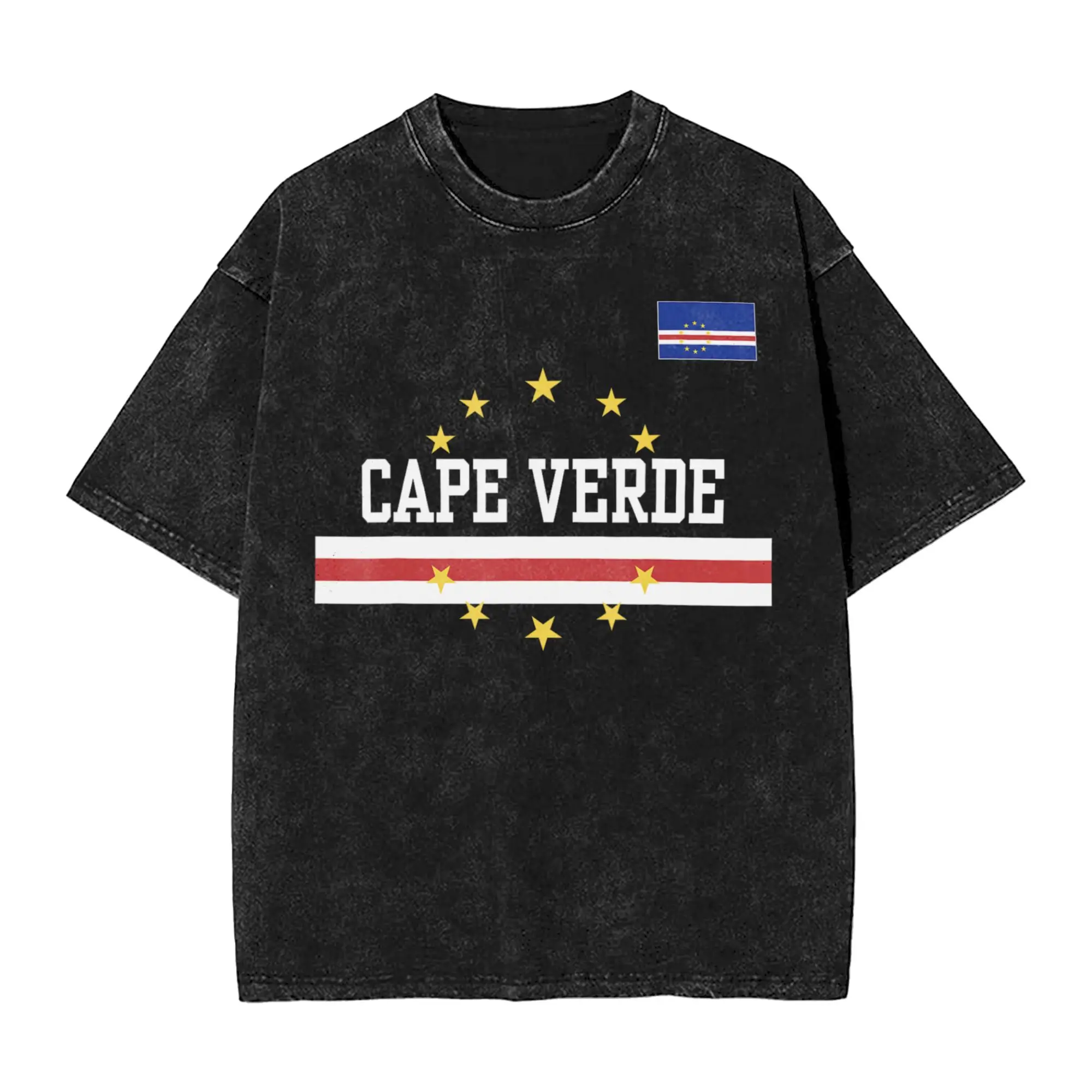 Men Women T Shirt Cape Verde Flag of Cape Verde Washed T-Shirts Hippie  Summer Tees Street Style Loose Cotton Tops Plus Size 2XL