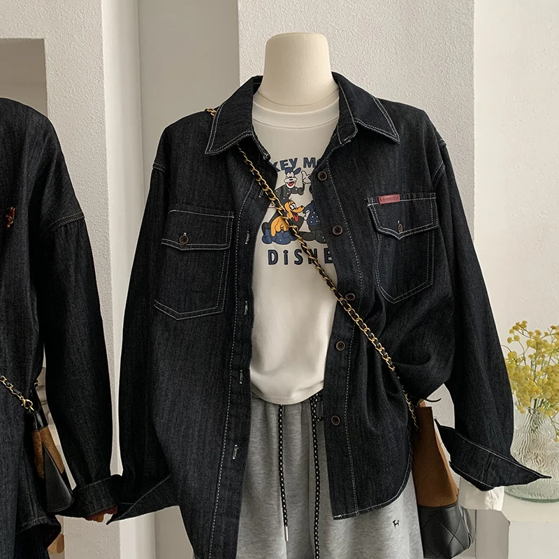 التلبيب المخملية المرأة الدنيم سترة الخريف الشتاء موضة كم طويل فضفاض معطف دافئ منتصف طول الإناث ملابس خارجية سميكة القمم #5