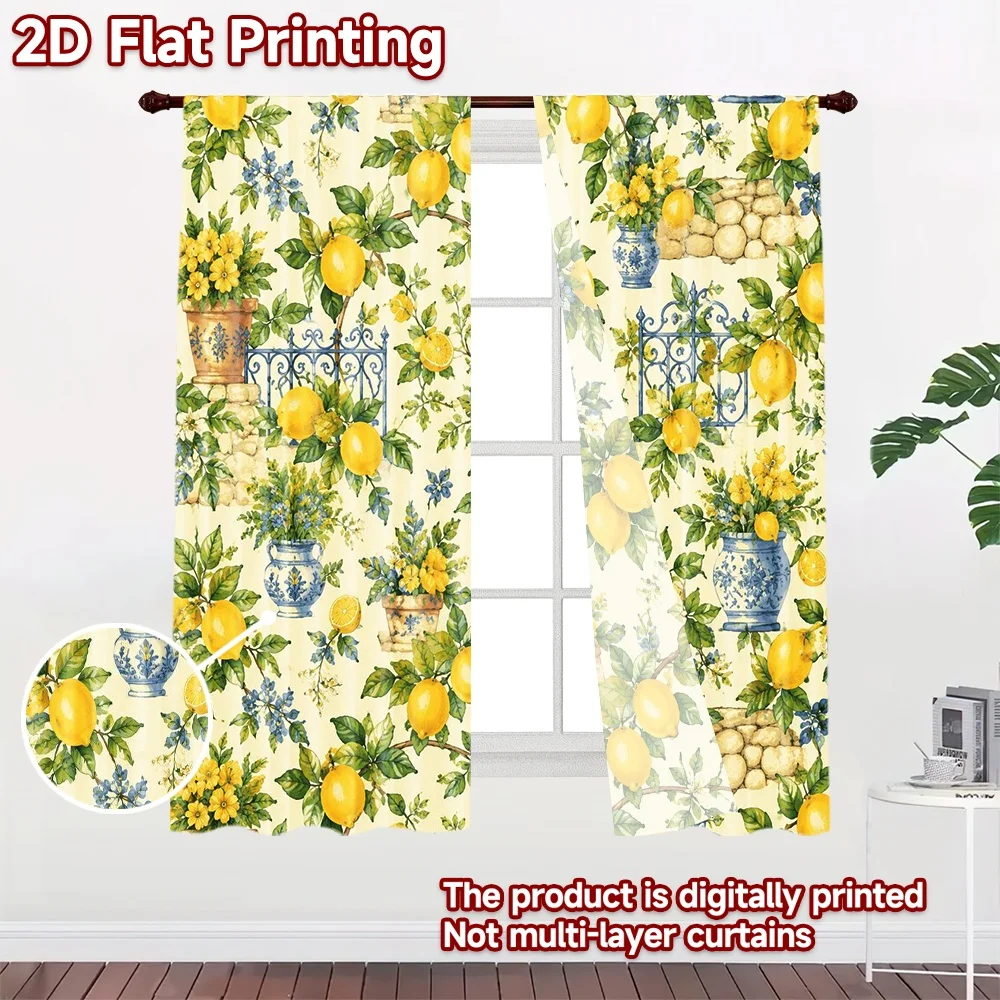 2D flat 2pcs Curtain Country Style Curtains Lemon Garden Branches Digitally printed polyester Family Party Decoration Use for