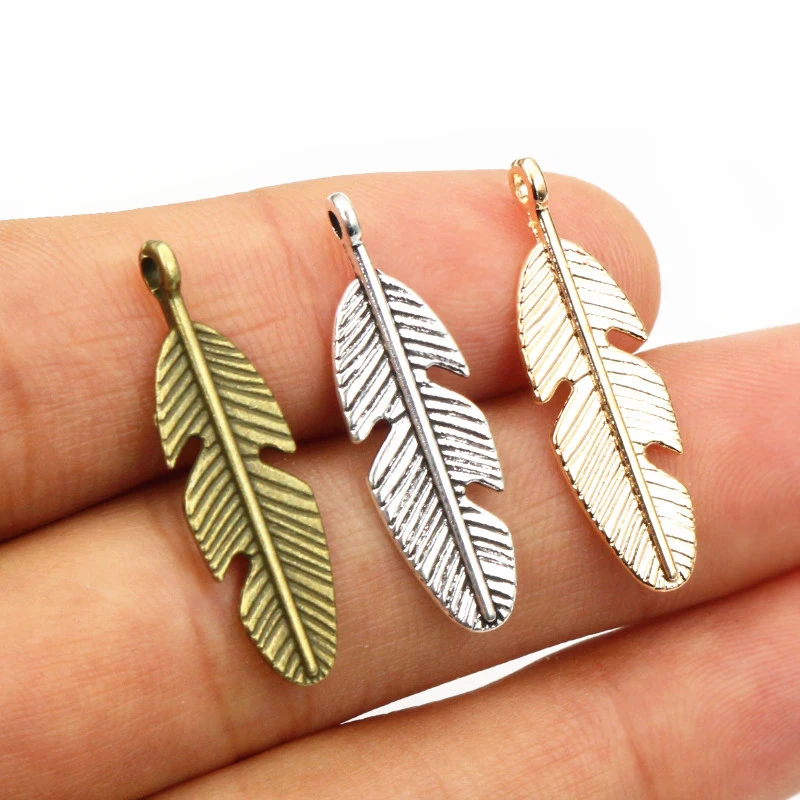 30pcs 28x8mm Feather Charms Pendants Bronze Antique Silver Plated DIY Jewelry Making Accessories Findings for Necklace Bracelet