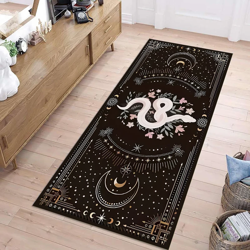 Mystical Snake Moon Phase Runner Rug Soft Non Slip Hallway Carpet Geometric Floral Design Home Decor Floor Mat for Bedside