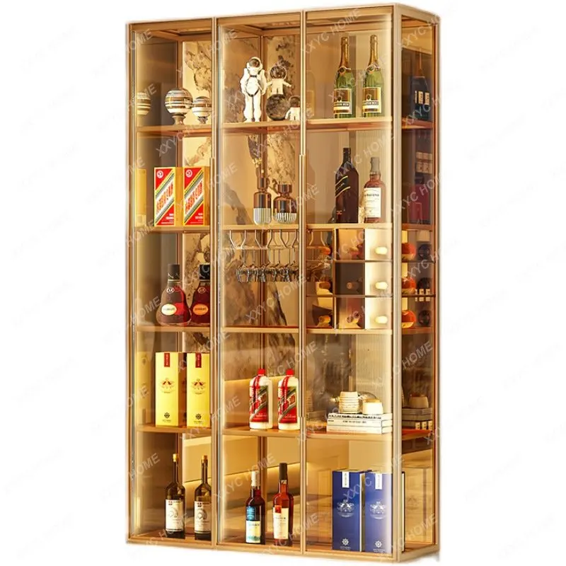 

Stainless Steel Light Luxury Wine Cabinet Decorative Showcase Home Living Room and Kitchen Room Temperature Glass Door