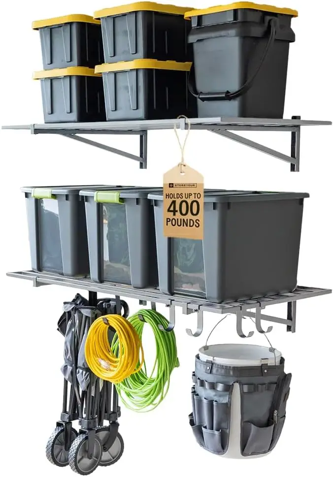 

Прочная настенная полка для гаража 2х4 фута - Стеллаж для хранения инструментов, контейнеров и оборудования, выдерживает 400 фунтов, черный цвет