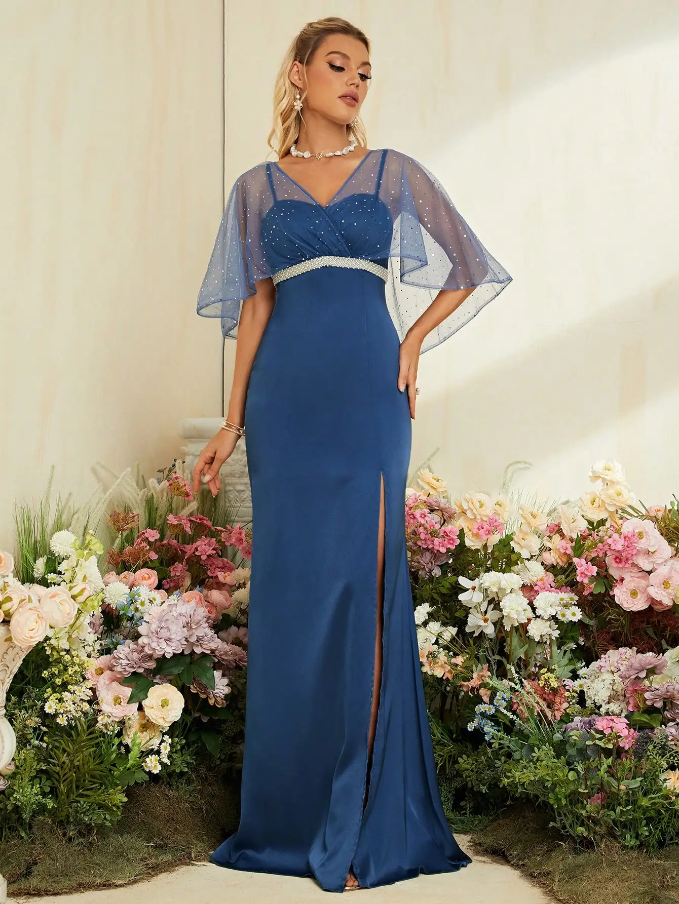 Mgiacy-Robe de soirée châle, col en V, buste plissé, ceinture de perles, robe de soirée Ding, robe de demoiselle d'honneur, robe senior PROM