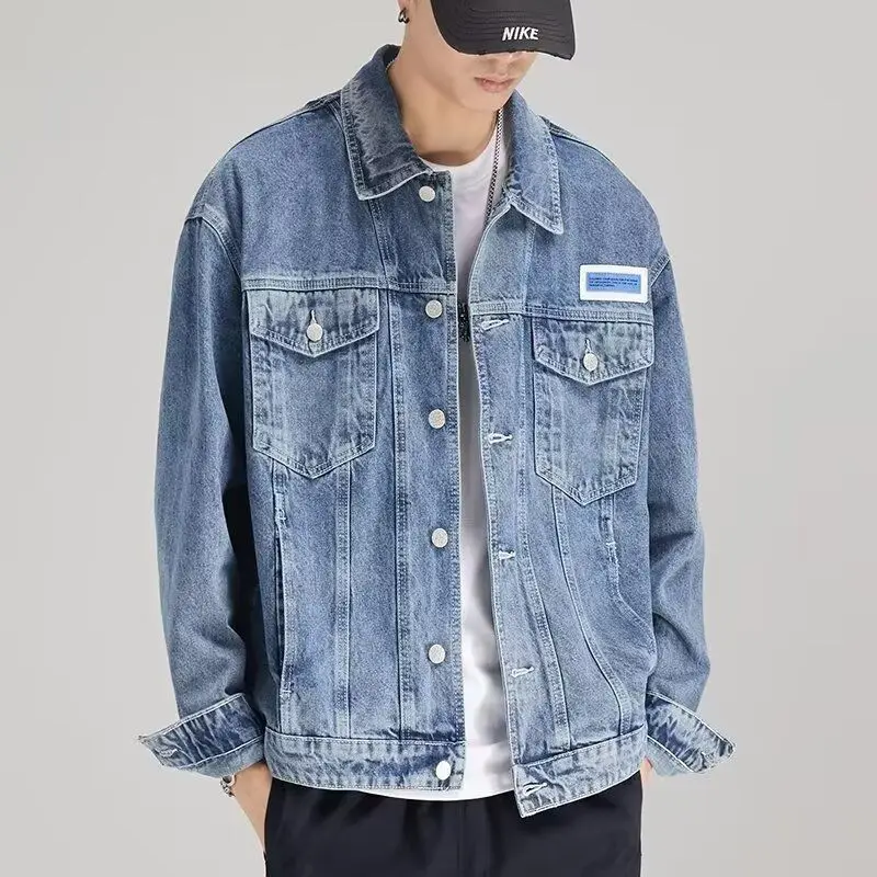 

Waed Vintage American Casual Men's Denim Jaet Loose Fit Faionable Workwear Collared Jaet Spring Autumn ex