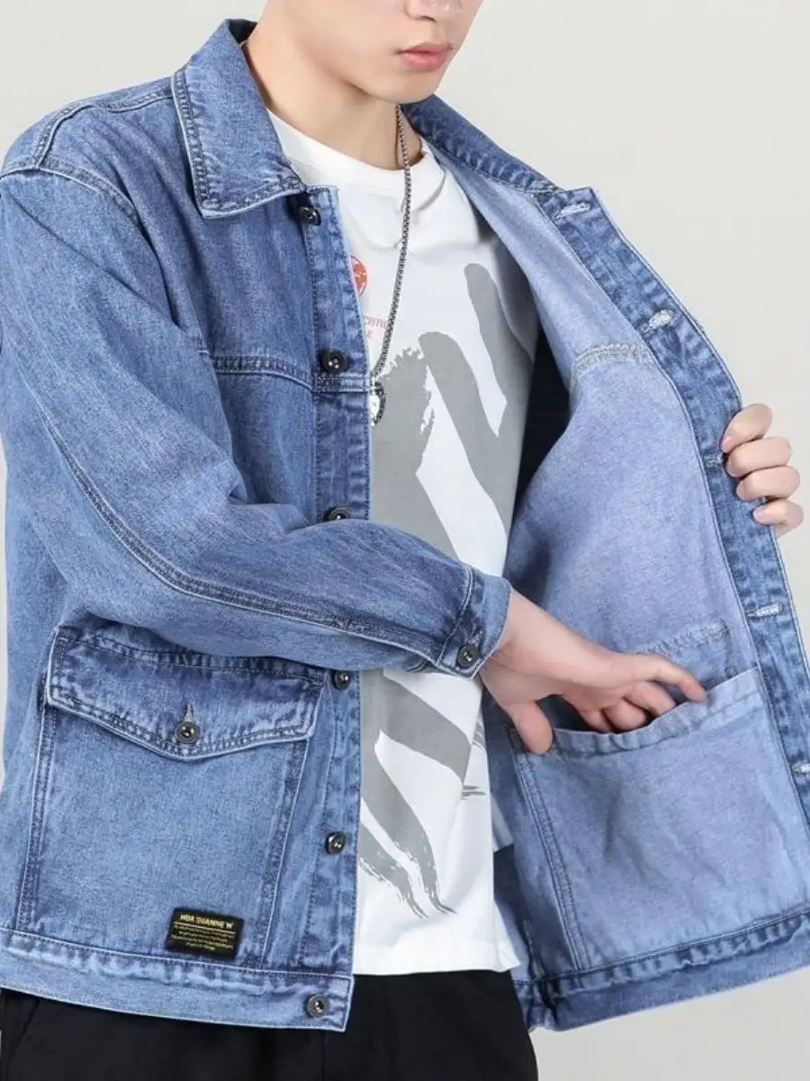 

High-End Men's Denim Jacket Casual Loose Fit Spring Autumn Multi-Pocket Workwear Jacket Trendy Brand Large Size Coat