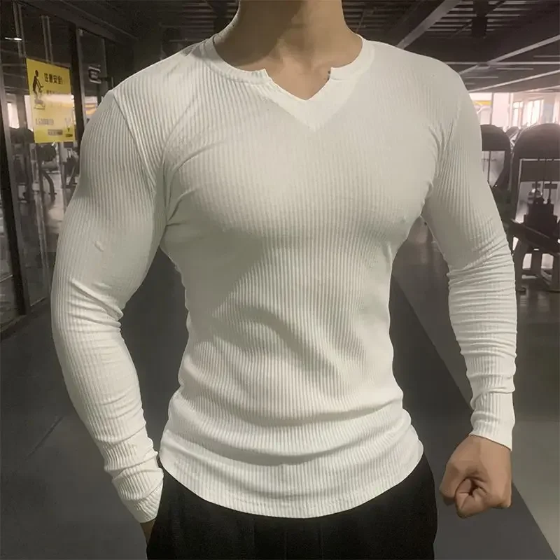 LIBIELIY Fashion V-Neck Solid Color Long Sleeve Korean T-Shirt Men's Clothing 2024 Spring New Slim All-match Tops Casual Tee Shi