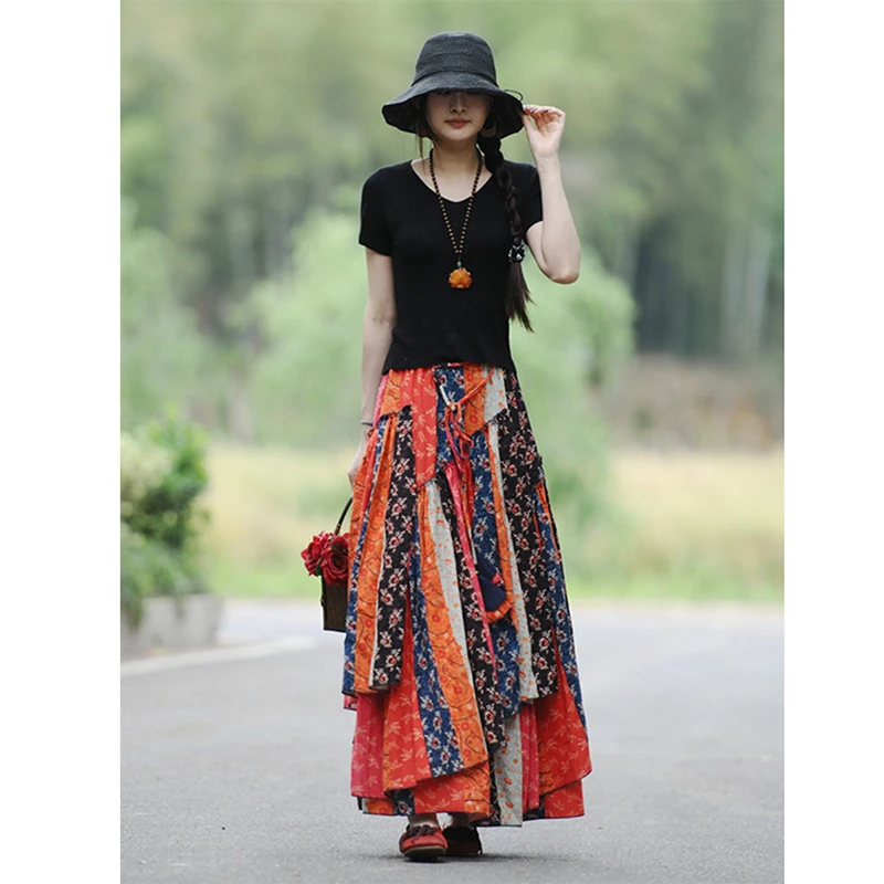 

Arts Style New Spring Summer Women Casual Patchwork A-line Asymmetrical Ankle-length Skirt Good Quality Cotton Linen Skirts T68