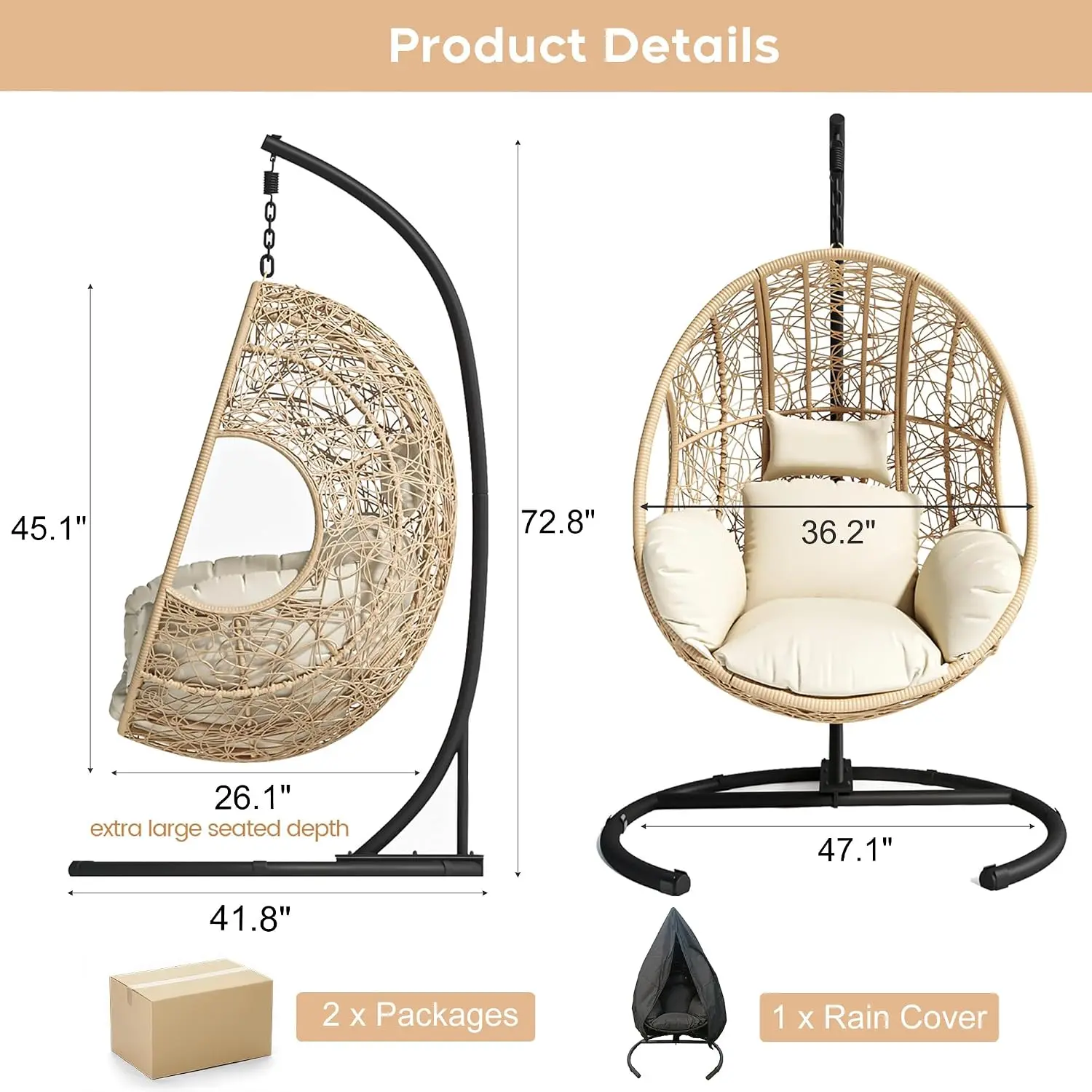 Hanging Egg Chair with Stand, Outdoor Swing Egg Chair with Rain Cover, 400 LBS Capacity All-Weather PE Wicker Swing, Customized