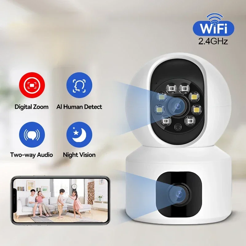 WiFi Camera 1080P HD Remote Video Desktop IP Camera Two lens Home Anti-theft Night Vision AI Human Tracking Two Way Audio Webcam