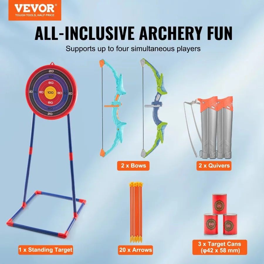 Juego de arco y flecha para paquete de 2 juegos de tiro con arco con luz LED con 20 flechas de ventosa objetivo de pie 2 cuartos y 3 latas de destino Outdo