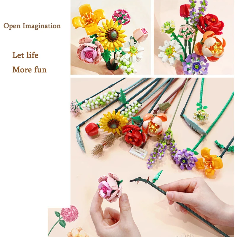 547 Pcs Building Block Bouquet Girl Gift DIY Home Bouquet Decoration Flower Arrangement Model Assembling Building Block Toy