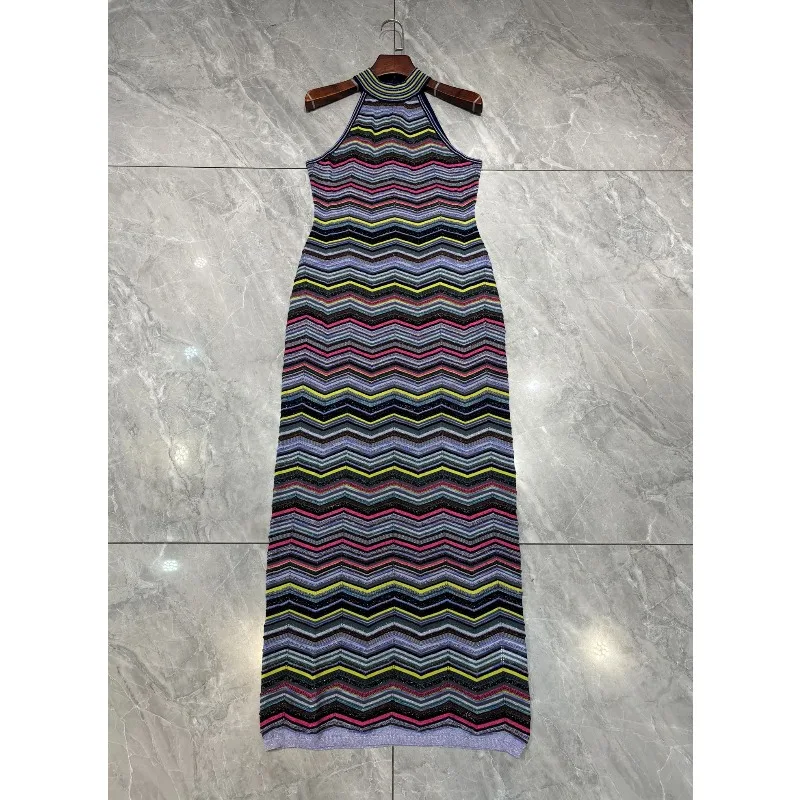 Bohemian Metallic Striped Knit Dresses Slim Women 2026 Autumn New Sleeveless Halter Neck Elegant Long Dress Evening Gown