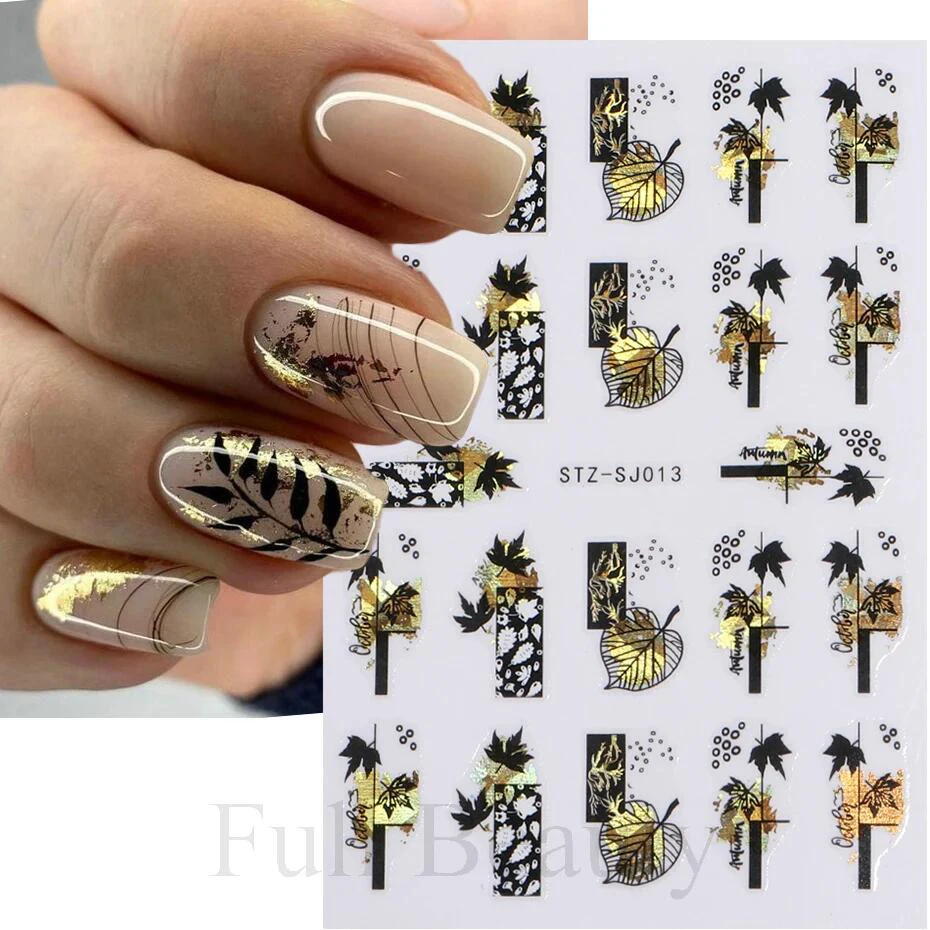 3D Golden Fall Nail Stickers Black Gold Leaf Cotton Flowers Transfer Decals Nail Adhesive Sliders Manicure New Design Decoration